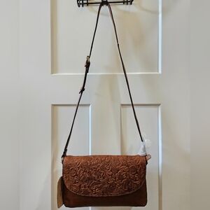 Wild West Los Angeles Juniper Tooled Leather Crossbody Purse Cognac NWT